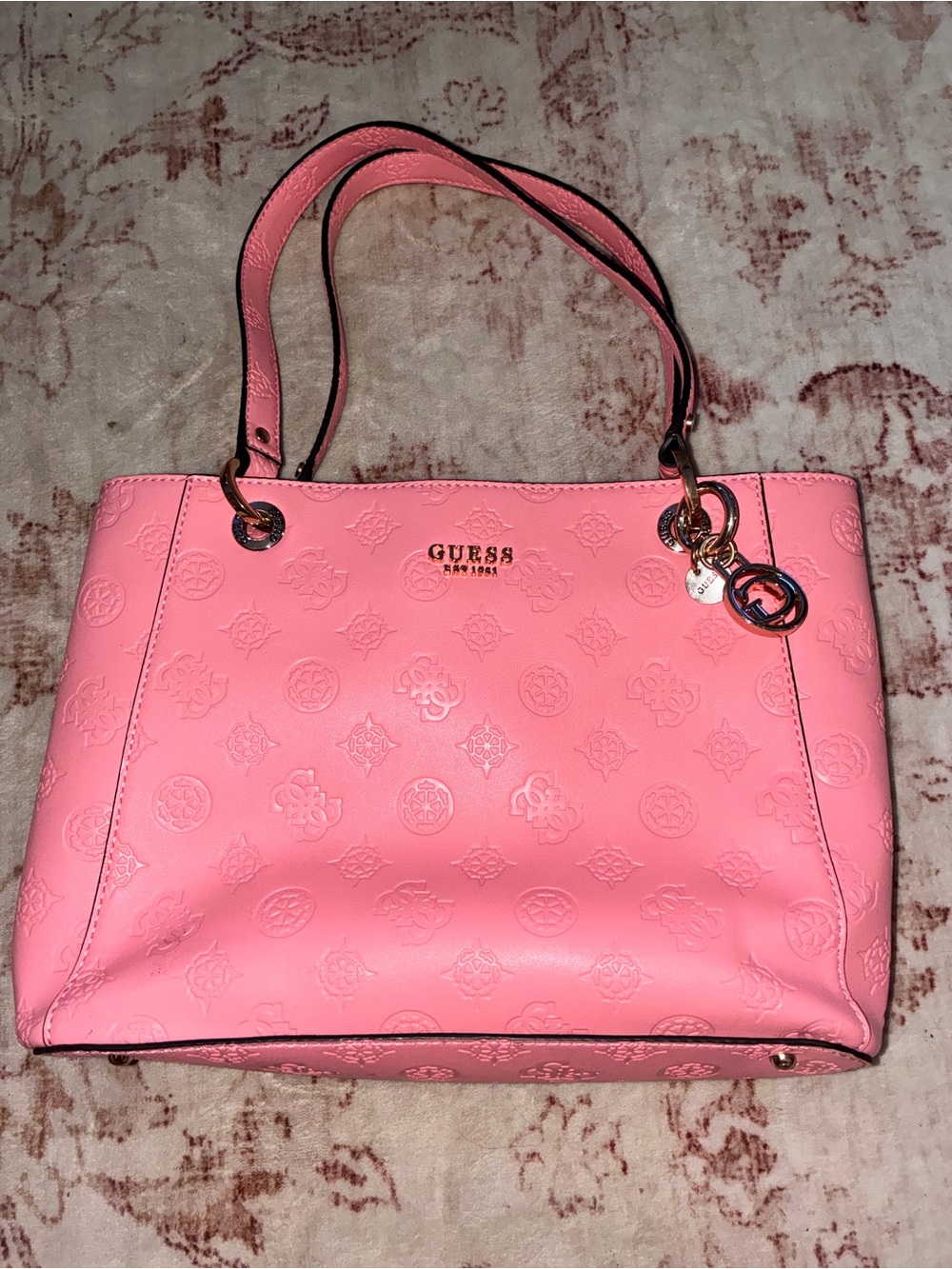 GUESS Pink Embossed Tote with Gold Accents